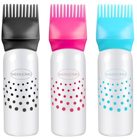 Framendino, 3 Pack Root Comb Applicator Bottle with Graduated Scale Colorful Plastic Squeeze Brush for Hair Dye Home Salon 6 oz