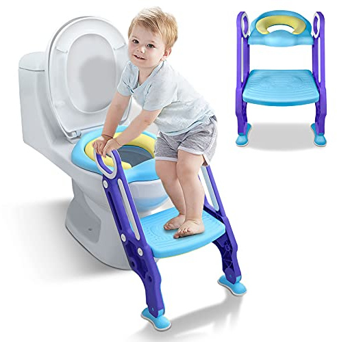 VA-Cerulean Toilettentrainer,Rutschfest Leiter-WC,Toilettensitz,Höhenverstellbar Lerntöpfchen Sitz mit Treppe und Armlehnen,PU Gepolstert Töpfchentrainer für 1-7 jährige Kinder(Blau+Lila)