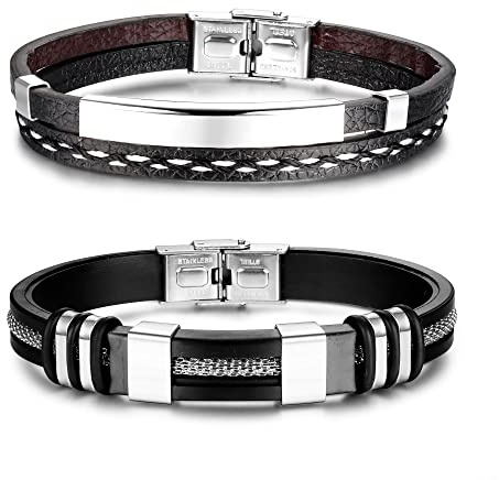 Adramata 2 st armband män personligt läderarmband män armband silikon svart rostfritt stål justerbar armband manschett armband män smycke present