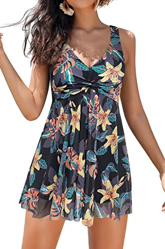 SHEKINI Women's Swimdress One Piece V Neck Swimming Costume Splice Printed Mesh Soft Cup Padded Elegant Bathing Suit Tummy Control with Boyshort, Flower, X-Large