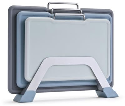 CLOVE Color-Coded Plastic Chopping Boards Set with Stand in Stainless Steel, Non-Slip BPA-Free Cutting Boards for Kitchen, Large Small Black Grey, Dishwasher Safe, Built-in Handle (S)