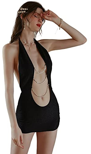 Robe débardeur sexy sans manches pour femme - Robe de club midi - Nuisette à col unique - Noir