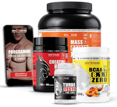 PACK PRISE DE MASSE - Kit Pro Expert - Mass Gainer + Créatine Pro Zero + Turbo Testo Pro Series + BCAA 8.1.1 ZERO Vegan + ZMA+ + Gourde/Serviette - Eric Favre