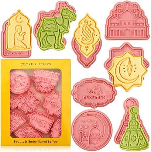 Eid Mubarak Ausstechformen, 8 Stück Ausstechformen mit Kolbenstempel, 3D Ramadan islamische muslimische Keksstempel