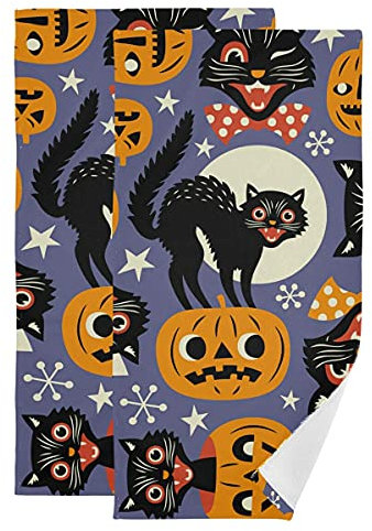 2Er Duschtücher Set Halloween Katze Schwarzer Jack Laternen Kürbis Mikrofaser Strandtuch Weich Drucktuch Erwachsene Camping Handtuch, Für Schwimmbad, Schwimmen, 70x40cm