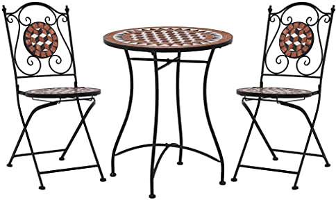 Homgoday 3-teilig Bistro-Set Mosaik Keramik Terrakotta | Terracotta-Rot | Tisch 60x72cm, Stühle 52x37x87cm | für Garten Model279689