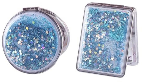 Lot de 2 miroirs pliants Double Face - Petits miroirs grossissants pliés - Miroir Compact à Paillettes - Miroir de Poche Portable - Miroir de Maquillage de Voyage - Bleu