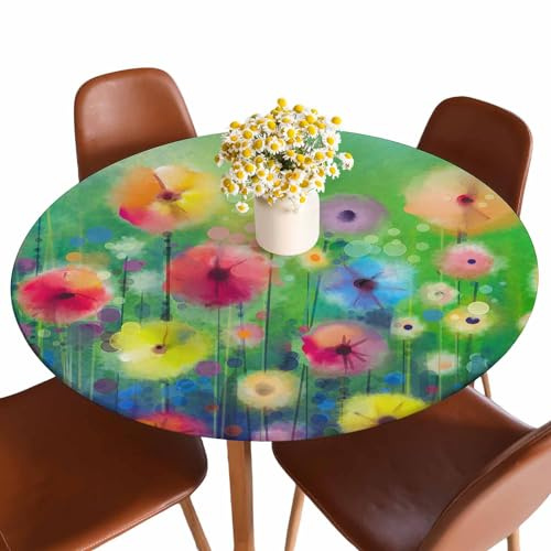 Guxxuil Spring Flowers Round Fitted Tablecloth Green Yellow Flower Watercolor Floral Bright Elastic Edge Tablecloth Waterproof Oilcloth Table Cover for 40-44