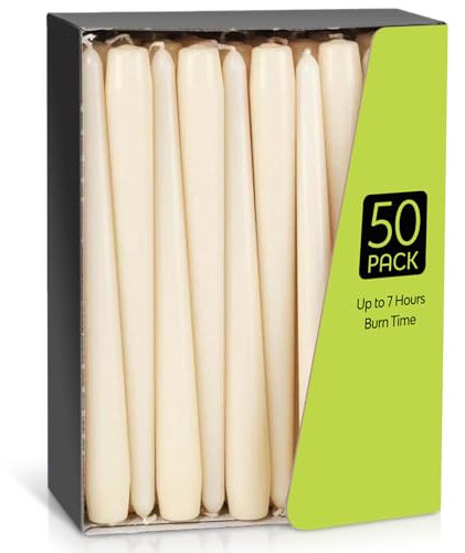 Taper Dinner Candles, Non-Drip Table Candle Sticks, 7 Hour Burn Time Long Candles, Paraffin Wax with Cotton Wicks, Unscented Candlesticks Gift Set, for Restaurant Home Chrismas (Ivory, 50 Pack)