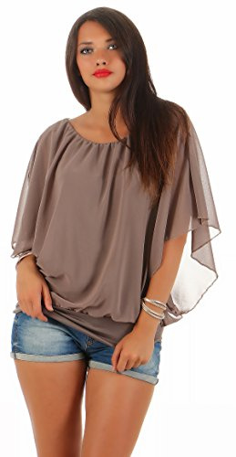 simaranda Damen Bluse Chiffon luftige Sommer Tunika mit Carmen Ausschnitt Blusenshirt Elegant 661 36-40 Schlamm