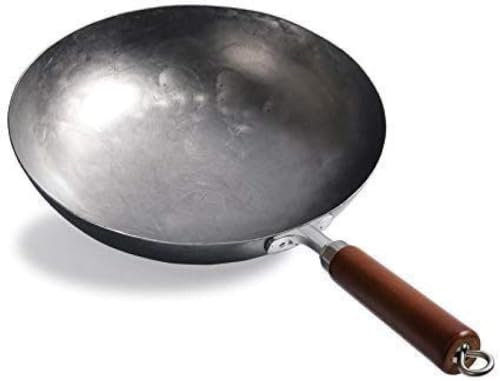 Wok cinese Home Wok non rivestito forgiato a mano in acciaio al carbonio con manico in legno e anello di sollevamento (fondo rotondo) - Diametro bocca del vaso: 32 cm