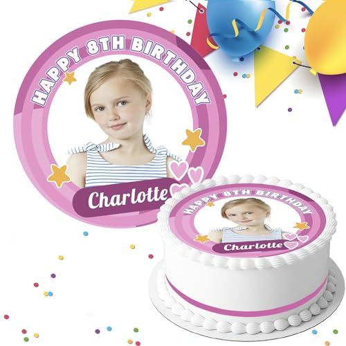 Your OWN Photo in a beautiful pink border Happy Birthday Personalised 7.5 INCH Pre-Cut Edible Icing Cake Topper Decoration OP-42