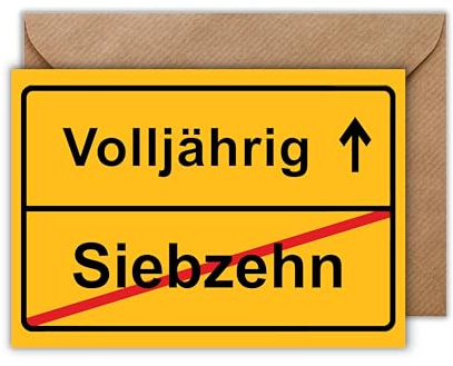 WBdesignz 18 Geburtstag Karte mit Umschlag - Lustige Geburtstagskarte “Ortsausgangsschild siebzehn - volljährig” Glückwunschkarte Geschenkkarte zum 18. Geburtstag (DIN A6)