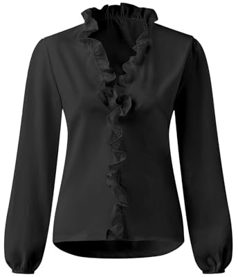 Chemise à Volants Col en V pour Femmes, Chemise Décontractée à Manches Longues, Chemisier Casual Lâche Automne et Hiver, Chemisier Blouse de Bureau Chic Elégant (Noir/XXL)