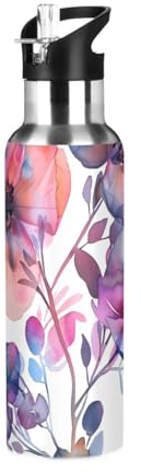 Botella de agua con diseño de flores de tulipán de neón, con tapa con pajilla, termo de acero inoxidable aislado para niños y niñas, gimnasio, deportes, 600 ml