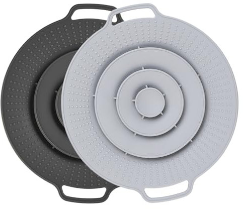 Astis 2 Pezzi Coperchio Universale in Silicone, Paraspruzzi Anti-Traboccamento, Protezione Contro Fuoriuscite Liquidi, Adatto per Pentole 15-25 cm, Coperchio Culinario Multiuso (Nero Grigio)