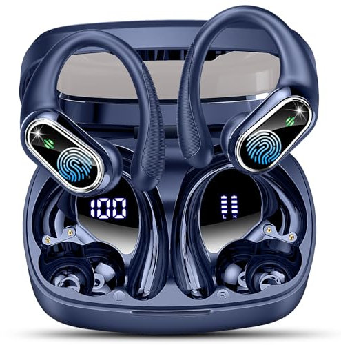 Wireless Earbuds, Bluetooth 5.3 Sport Headphones HiFi Stereo Noise Cancelling Earbuds with Mic, Wireless Headphones 50H Dual LED Display, In Ear Ear Buds with EarHooks, IP7 Wireles Earphones Blue