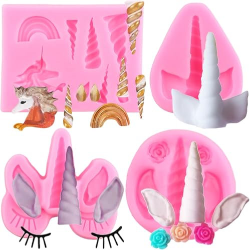 RFGHAC Silikonformen Mit Einhorn-Motiv, Einhorn-Ohren, Horn, Regenbogen-Blumen, Fondant-FormenZum Dekorieren Von Kuchen, Cupcake-Toppern, Süßigkeiten, Polymer-Ton, Schokolade, Blütenpaste, 4er-Set