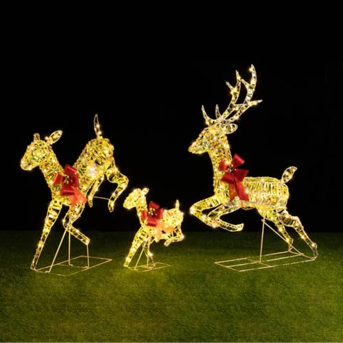 BAKAJI Famiglia 3 Renne Luminose Natalizie Luce Bianco Caldo per Esterno, Cervi Babbo Natale LED Addobbo Decorazione 3D, Decorazioni Renna Fuoriporta, Giardino, Terrazzo, Protezione IP44