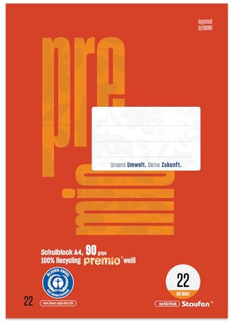 Staufen premio Schulblock - 5 Hefte je 50 Blatt, DIN A4, Lineatur 22 (5 mm kariert), 4-fach Lochung, 90 g/m² Recyclingpapier | Lineatur 22, 100% Recyclingpapier, zertifiziert mit dem Blauen Engel, abgerundete Ecken, 90 g/m² Papier