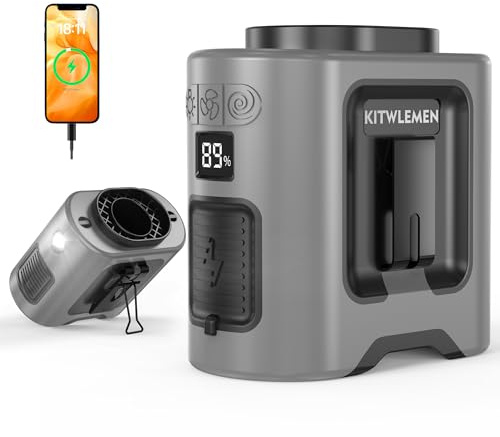 KITWLEMEN 14500mAh Tragbarer Wasit-Ventilator, Wiederaufladbarer persönlicher Clip Ventilator mit Gürtel & 5 Geschwindigkeiten & Licht, Mini Halsventilator für Camping, Reise und Baustelle (Grau)