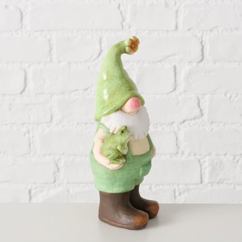 ReWu Boltze Home Dekofigur Joshy - Wichtel mit Frosch im Arm - Figur Gartendeko Wohndekoration Dekoaufsteller Sommer Frühling Aufsteller Gartenfigur 11 x 8,5 x 24 cm