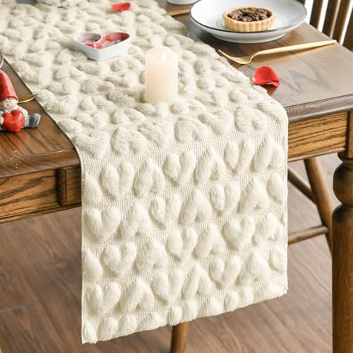 Artoid Mode Beige Soft Plush Faux Fur Jacquard Heart Valentine's Day Table Runner, Kitchen Dining Table Decoration for Home Party Decor 33x183 cm
