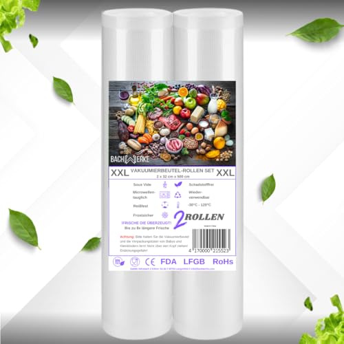 Bachwerke XXL 2x 32cm x 500cm Vakuumierbeutel Vakuumierfolie Folienrollen Vakuumbeutel-Lebensmittel Vakumierfolienrollen Einschweissbeutel, BPA Frei Folienbeutel für Vakuumiergerät