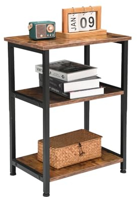 H JINHUI 3-stufiger Beistelltisch, Sofa-Beistelltisch, Massivholz-Beistelltisch mit hohem Fuß und Ablagefläche, Nachttisch für Wohnzimmer, Schlafzimmer, Büro, Industrie-Stil, Rustikales Braun