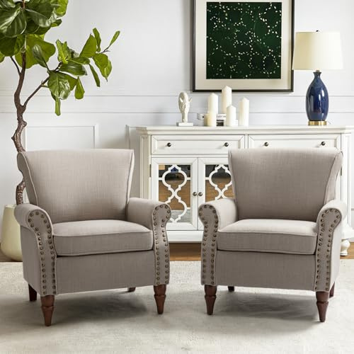 HULALA HOME Accent Chair with Wood Legs & Removable Cushion, Modern Wingback Armchair with Nailhead Trim, Comfy Upholstered Lounge Chair, Single Sofa Chairs for Living Room Bedroom Set of 2, Grey