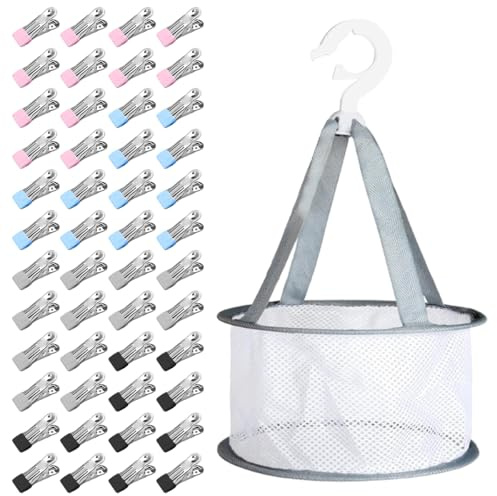 48 Piezas Pinzas Ropa Que No Dejan Marca con Cesta, Pinzas para Ropa de Acero Inoxidable, Multifuncionales Antideslizantes Pinza de Ropa Fuertes para Calcetines, Toallas, Sellado de Alimentos, Fotos
