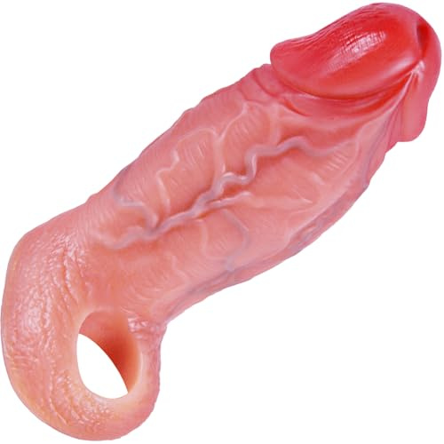 Funda de pene realista extra grande, 16,5 cm reutilizable, diámetro 5,3 cm, con anillo grueso para escroto, agrandador de pene, para retrasar la eyaculación, juguete sexual masculino