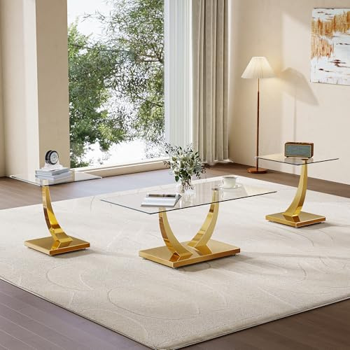 ModaWhly Modern Glass 3 Piece Living Room Table Set, Coffee Table Set with 1 Coffee Table and 2 End Tables, Tempered Glass Top and Gold Horn-Shaped Stainless Steel Base for Living Room, Office