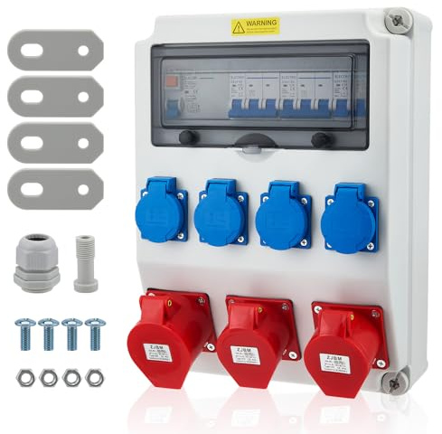 Distribuidor de corriente para construcción 32 A IP44 con protección FI/RCD y LS, 4 x Schuko, 2 x CEE 16 A + 1 x CEE 32 A, distribuidor de corriente industrial para exteriores y obras | carcasa