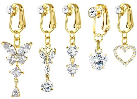 NICENEEDED 5 PCS Anillos de Ombligo Falsos, Piercing para Ombligo con Forma de Mariposa Y Corazón, con Clip Y Diamantes de Imitación, Sin Perforar.