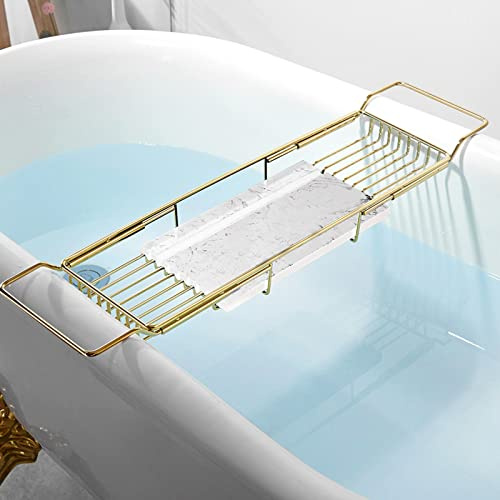 UYCVT Bath Traybathtub Caddy Tray for Luxury Bath, Expandable Polished Stainless Steel Brackets, Marble Tray for Bathroom, Laptop Reading and Organizer Bathtub Table Ideal for -White
