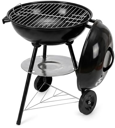 FINE GARDEN BBQ Grill, 17 Kettle Charcoal BBQ Grill with Wheels & Lid, Portable Trolley Barbecue with Adjustable Vent, Ash Catcher & Storage Rack, Outdoor Garden BBQ (Black)