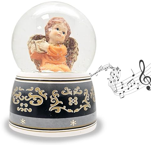 Schneekugel Spieluhr Engel | Harfe mit Flügel Gold mit Spieluhr Ode an die Freude | 140mm hoch | 100mm Durchmesser | Schüttelkugel Glitzerkugel | 20034