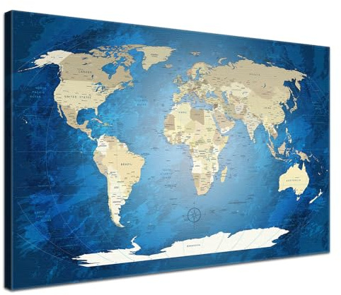 LANA KK - Premium Pinnwand Weltkarte - Blue Ocean - Englisch - in 120 x 80 cm, stabile Rückwand zum Pinnen inkl. Starterkit - Leinwand-Kunstdruck Wandbild Landkarte XXL