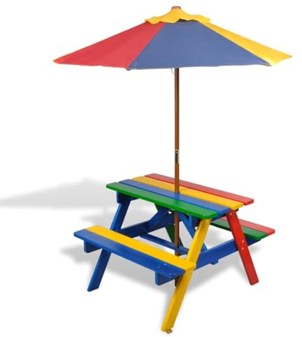 vidaXL Kinder-Picknicktisch mit Bänken & Sonnenschirm Mehrfarbig Holz