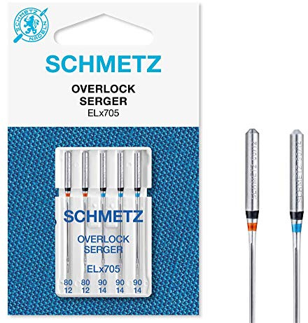 Sewing Machine Needles Schmetz - Overlock/Serger ELx705, Assorted Sizes 80/12 & 90/14 (Single Packet), Includes Large Needle Threader