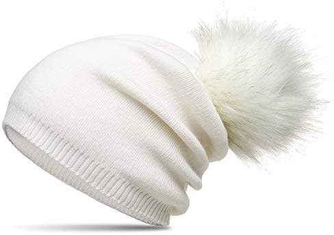 Caspar MU205 Gefütterte Damen Feinstrick Long Beanie Mütze mit tierschutzgerechtem Kunstfell Bommel