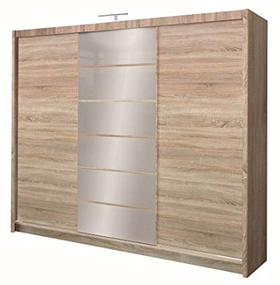 Furniture24 Kleiderschrank Malibu Schlafzimmer 3 Türiger Schwebetürenschrank Schrank mit Kleiderstange 8 Einlegeboden Spiegel und 2 Schubladen Schiebetür Sonoma Eiche