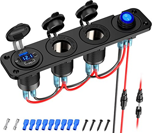 (4 in 1) PD 30W USB C 12V Steckdose: Schalter Panel DC 12 Volt Auto Typ C Buchse Einbau Wasserdicht USB Einbaubuchse Dose Zigarettenanzünder Adapter KFZ Ladegerät für iPhone Wohnmobil Boot Wohnwagen