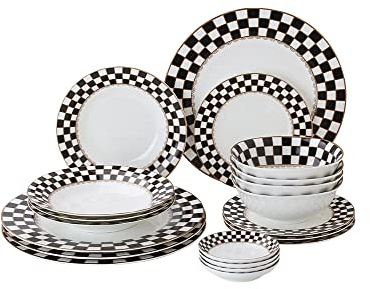 Porlien Checker Pattern 20-piece Round Dinnerware Set for 4, Porcelain Dinner Sets