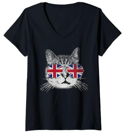 Womens Cat Shirt Union Jack Flag Country Retro England British UK V-Neck T-Shirt