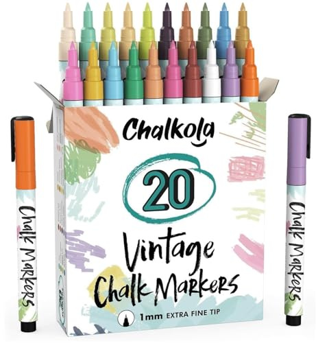 Extra Fine Tip Liquid Chalk Markers for Chalkboard (1mm, 20 Vintage Colors) - Dry Erase Marker Pens for Blackboard, Windows, Signs, Bistro - Thin Point, Erasable, Pastel Chalkboard Markers Pen