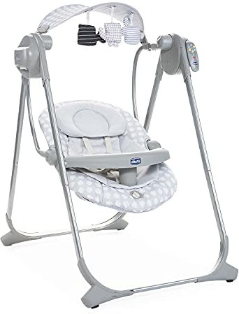 Chicco Polly Swing Up Altalena Elettrica Neonato da 0 Mesi a 9 Kg, Sdraietta Regolabile e Dondolo Automatico, con Vibrazione, Giochi Pendenti, Musiche e Telecomando, Chiusura Compatta, Leaf, Grigio