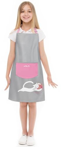 Viedouce kochschürze Kinder mit Tasche, Wasserdicht schürze für Kinder, Verstellbare Küchenschürze Schule Jungen Mädchen für schulgarten Basteln Bemalen Backen Kochen(4-13jahre) (Rosa)