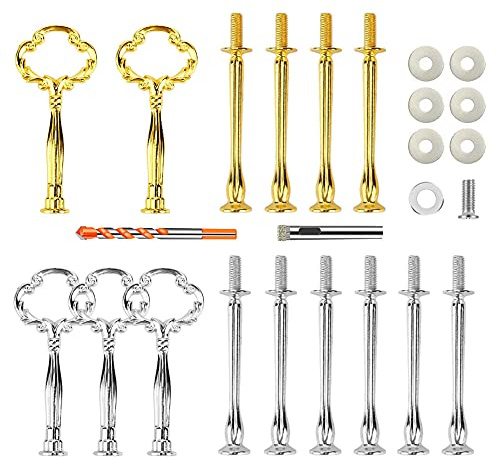 Zasvec Etageren Stangen Set 5 Sets Etagere Bausatz Stange für Etagere Etageren Stäbe Metallstangen für Etagere Tortenständer 2-3 Stöckig Blume Form Gold und Silber mit Bohrer